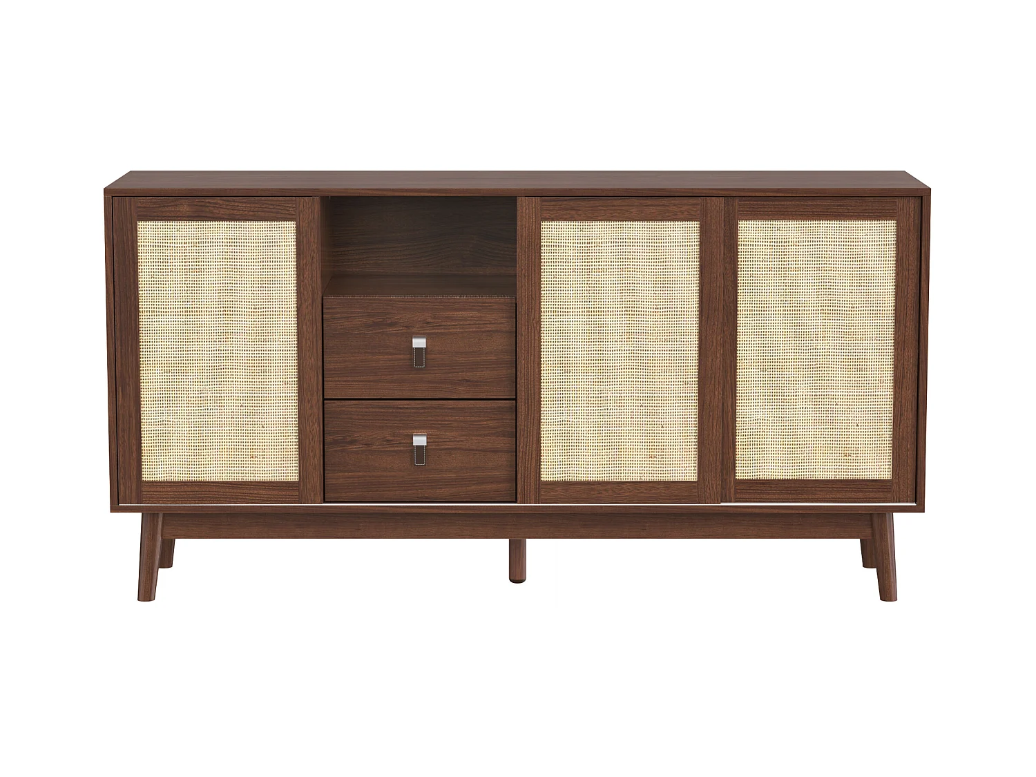 Aparador elegante - aparador bajo con 3 puertas de ratán y 2 cajones - color madera oscura - para salón y dormitorio
