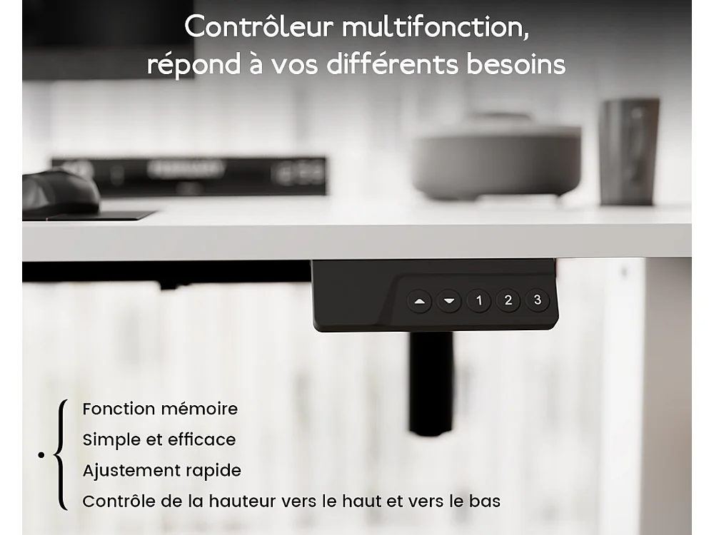 Bureau électrique réglable 110x60 cm – Fonction mémoire & anti-collision – Idéal télétravail – Coloris blanc HOMAVO