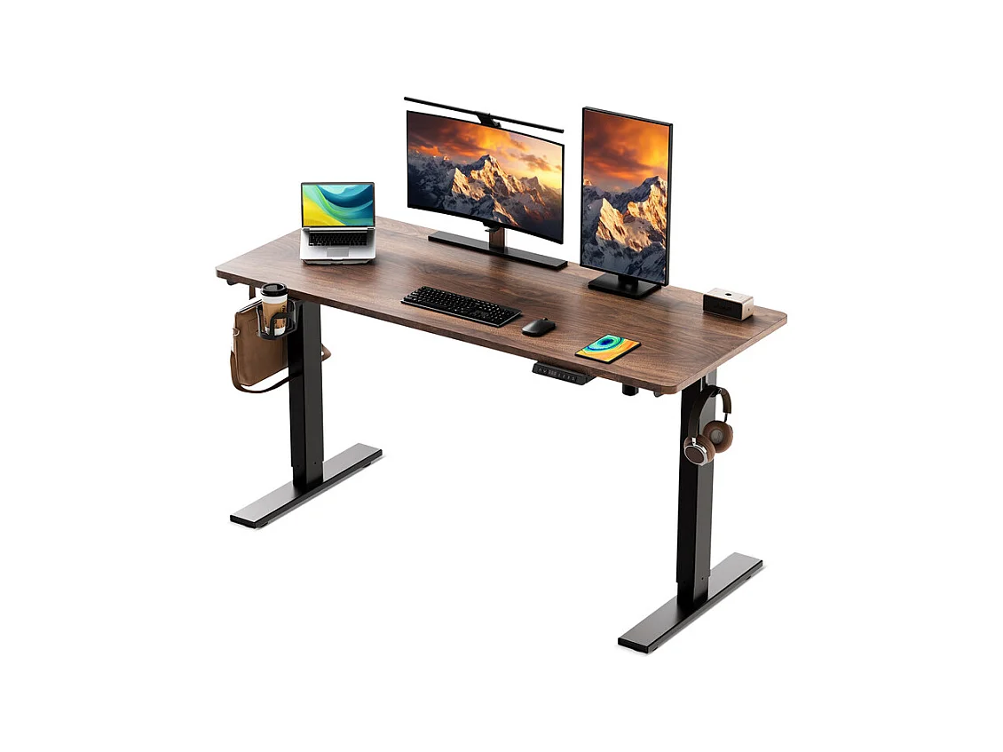 Bureau électrique assis-debout 140x70 cm – Hauteur réglable – Mémoire & anti-collision – Ports USB-A & Type-C – Finition bois noyer