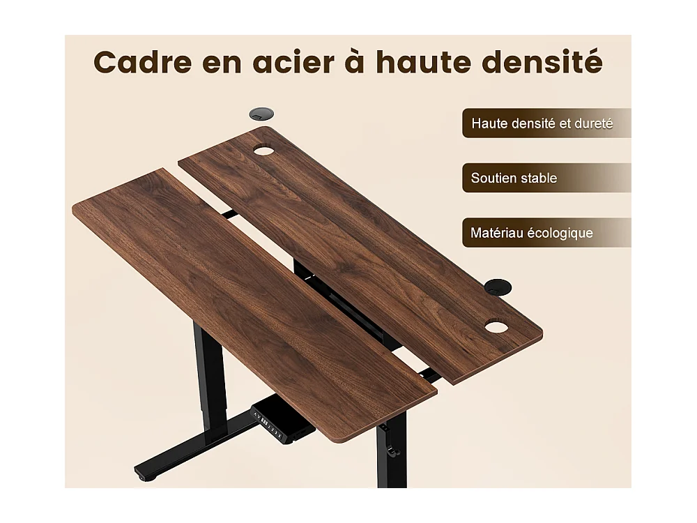 Bureau électrique assis-debout 140x70 cm – Hauteur réglable – Mémoire & anti-collision – Ports USB-A & Type-C – Finition bois noyer