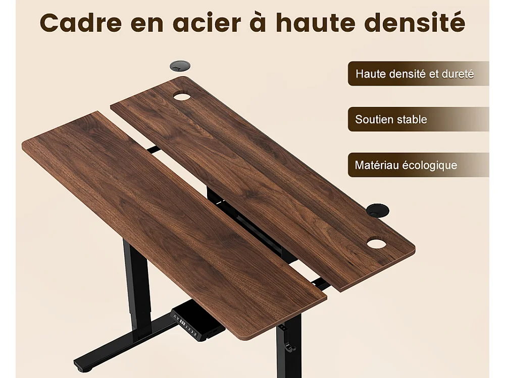 Bureau électrique assis-debout 140x70 cm – Hauteur réglable – Mémoire & anti-collision – Ports USB-A & Type-C – Finition bois noyer