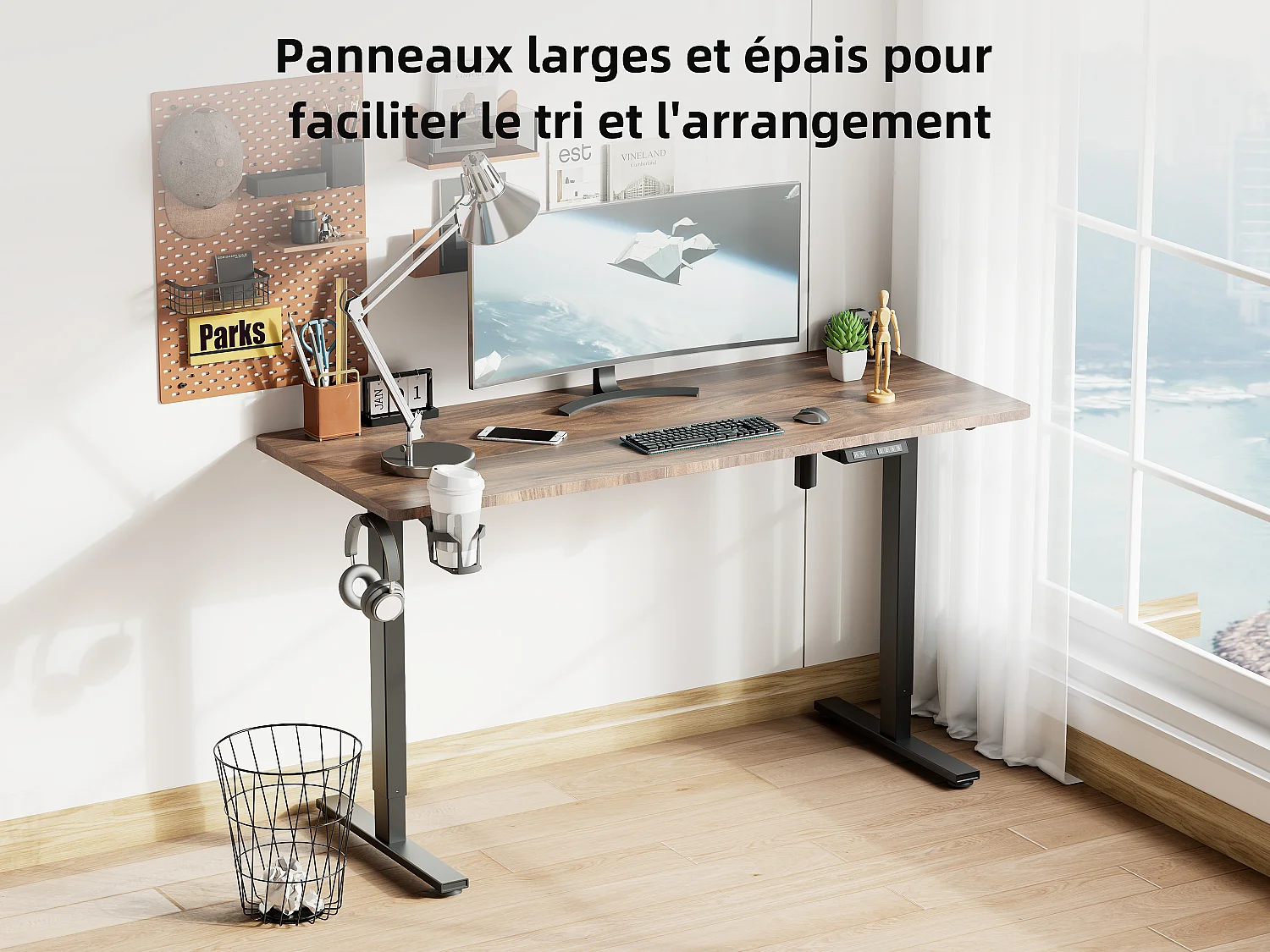 Bureau électrique assis-debout 140x70 cm – Hauteur réglable – Mémoire & anti-collision – Ports USB-A & Type-C – Finition bois noyer