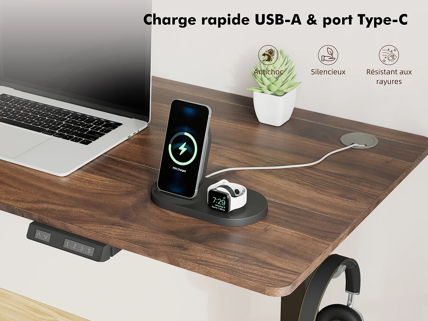 Bureau électrique assis-debout 140x70 cm – Hauteur réglable – Mémoire & anti-collision – Ports USB-A & Type-C – Finition bois noyer