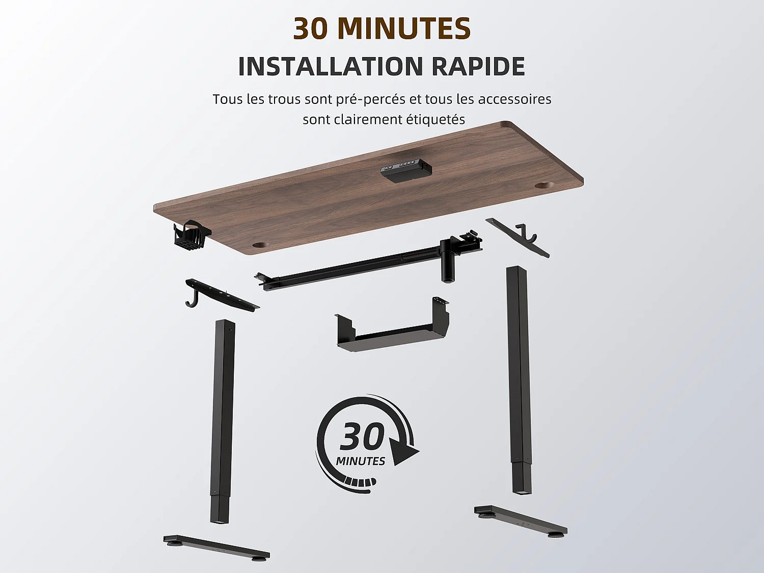 Bureau électrique assis-debout 140x70 cm – Hauteur réglable – Mémoire & anti-collision – Ports USB-A & Type-C – Finition bois noyer