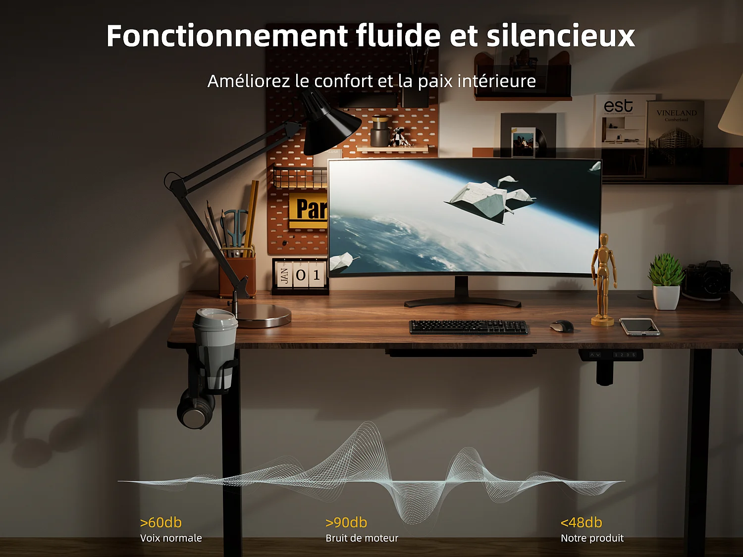 Bureau électrique assis-debout 140x70 cm – Hauteur réglable – Mémoire & anti-collision – Ports USB-A & Type-C – Finition bois noyer