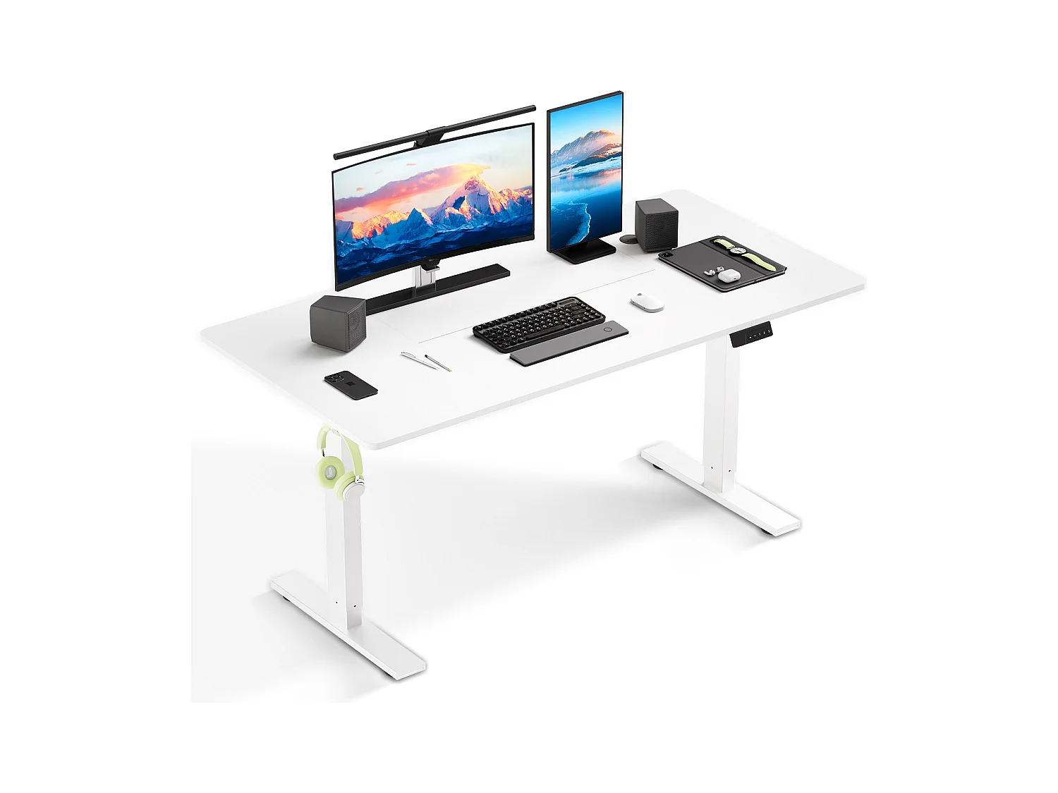 Bureau HOMAVO électrique réglable 140x60 cm – Fonction mémoire & anti-collision – Idéal télétravail – Coloris blanc