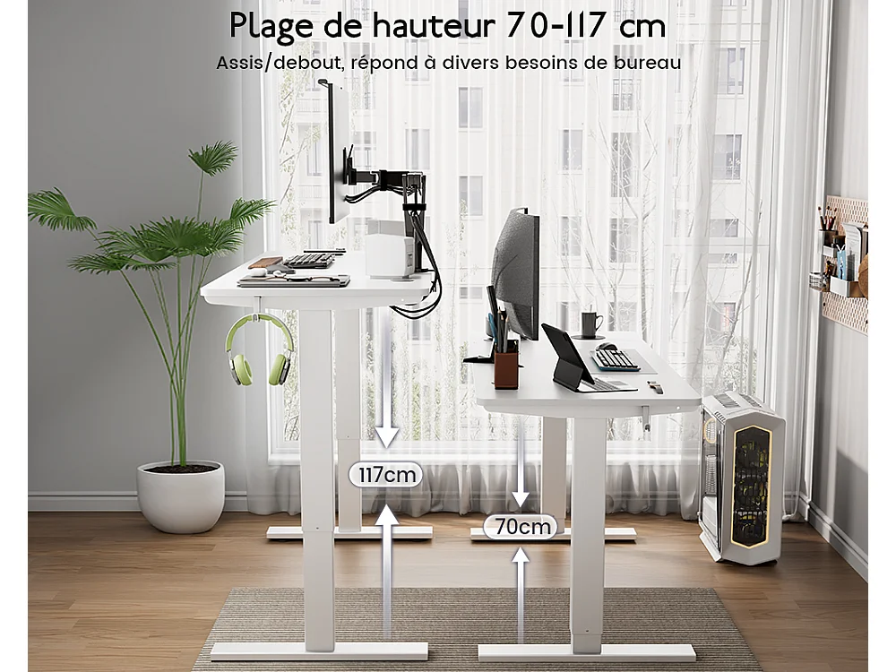 Bureau électrique réglable 140x60 cm – Fonction mémoire & anti-collision – Idéal télétravail – Coloris blanc HOMAVO