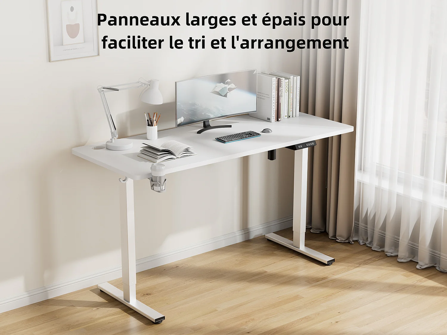 Bureau électrique assis-debout 140x70 cm – Hauteur réglable – Mémoire & anti-collision – Ports USB-A & Type-C – Coloris blanc