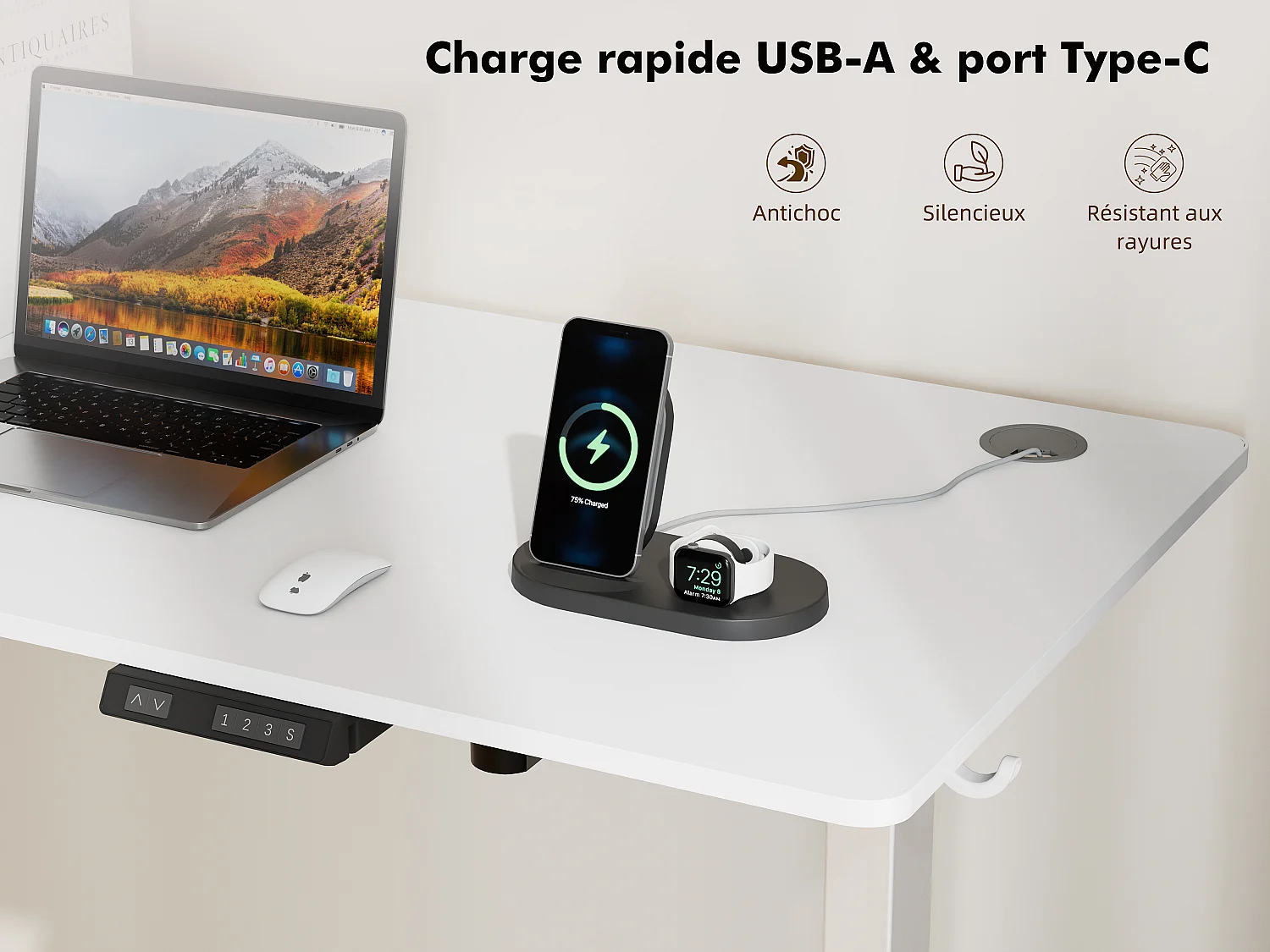 Bureau électrique assis-debout 140x70 cm – Hauteur réglable – Mémoire & anti-collision – Ports USB-A & Type-C – Coloris blanc
