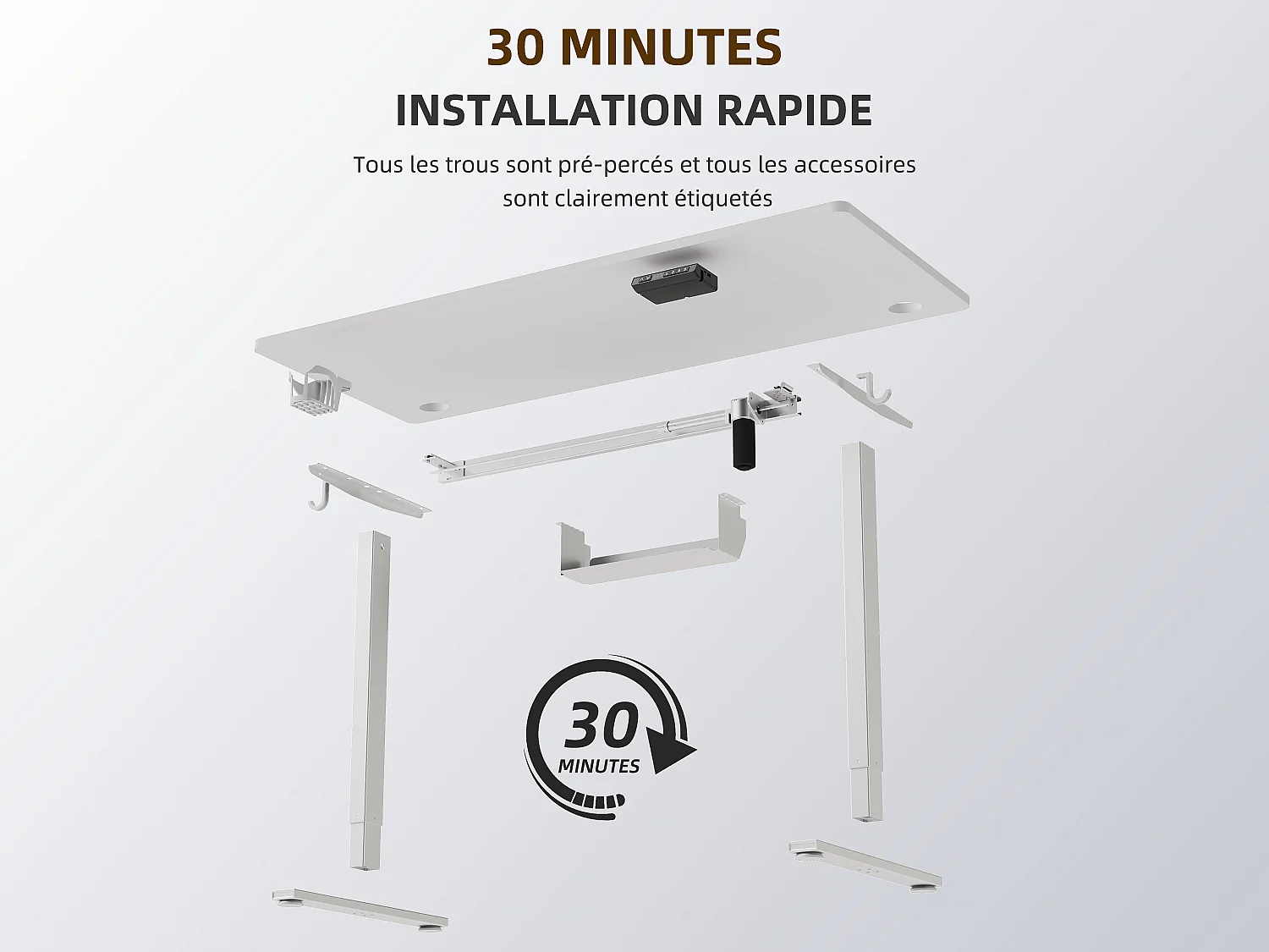 Bureau électrique assis-debout 140x70 cm – Hauteur réglable – Mémoire & anti-collision – Ports USB-A & Type-C – Coloris blanc