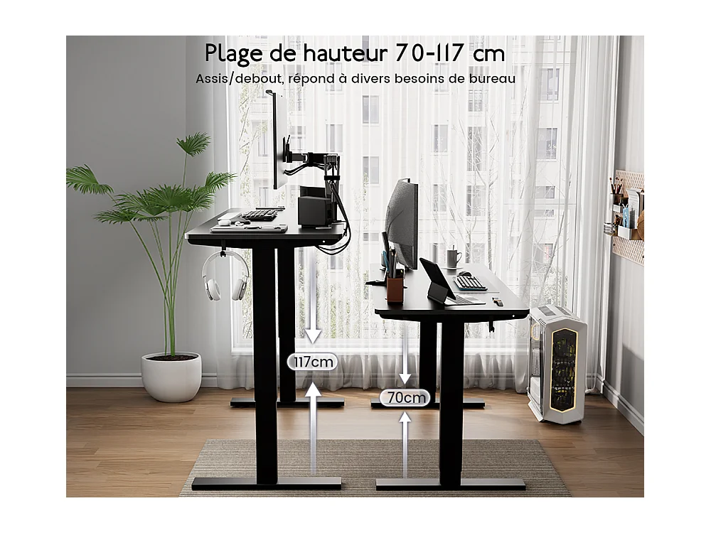 Bureau HOMAVO électrique réglable 110x60 cm – Fonction mémoire & anti-collision – Idéal télétravail – Coloris noir