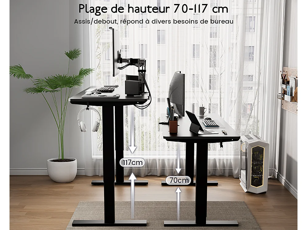 Bureau électrique réglable 110x60 cm – Fonction mémoire & anti-collision – Idéal télétravail – Coloris noir HOMAVO