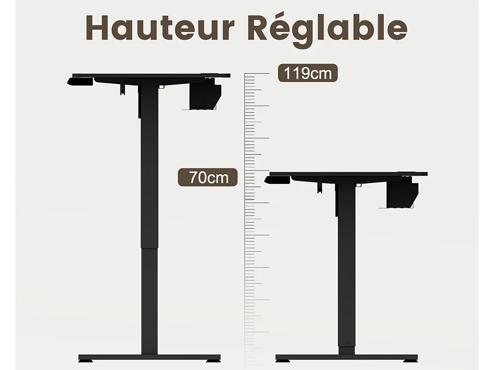 Bureau électrique assis-debout 140x70 cm – Hauteur réglable – Mémoire & anti-collision – Ports USB-A & Type-C – Coloris noir