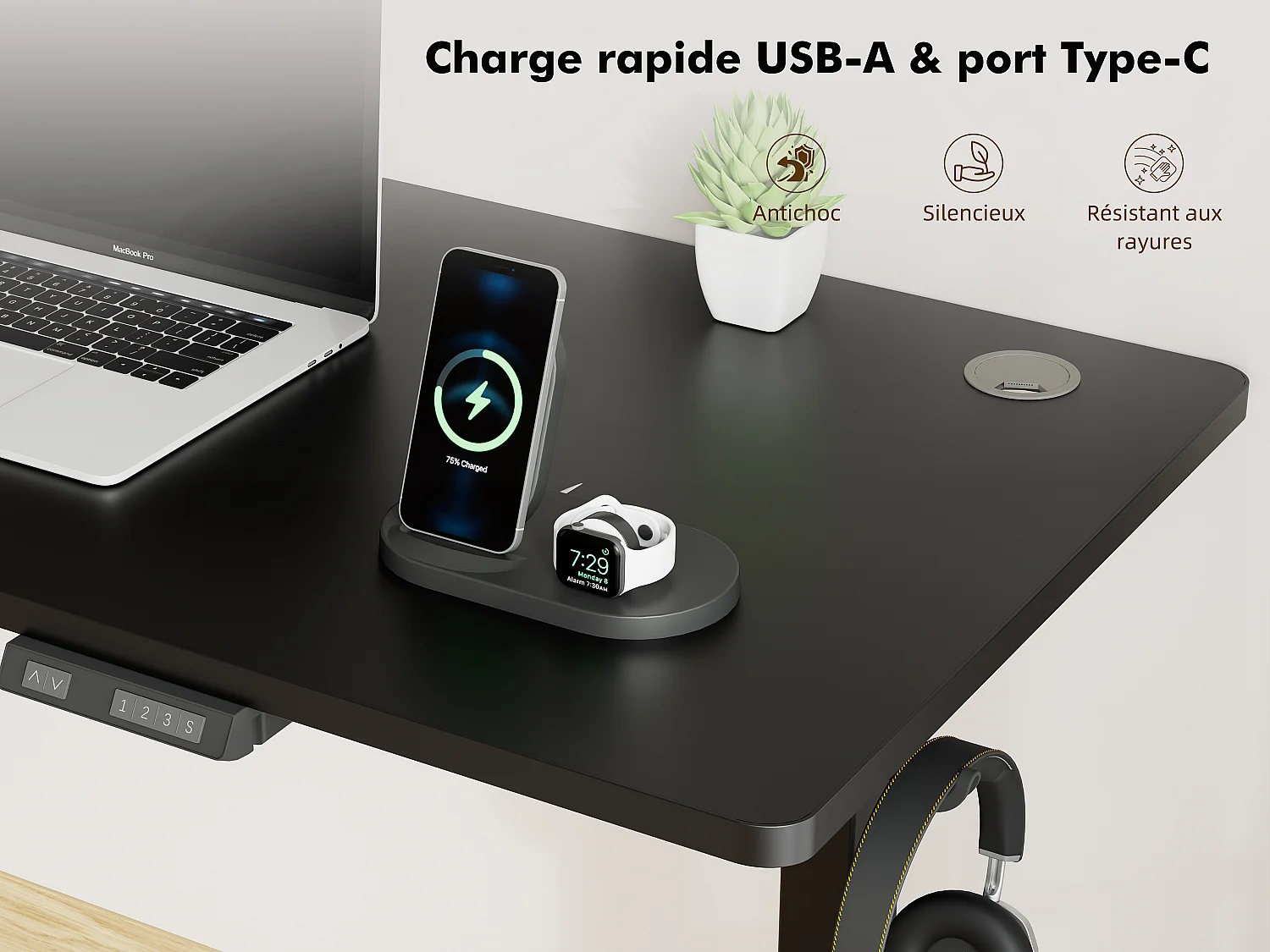 Bureau électrique assis-debout 140x70 cm – Hauteur réglable – Mémoire & anti-collision – Ports USB-A & Type-C – Coloris noir