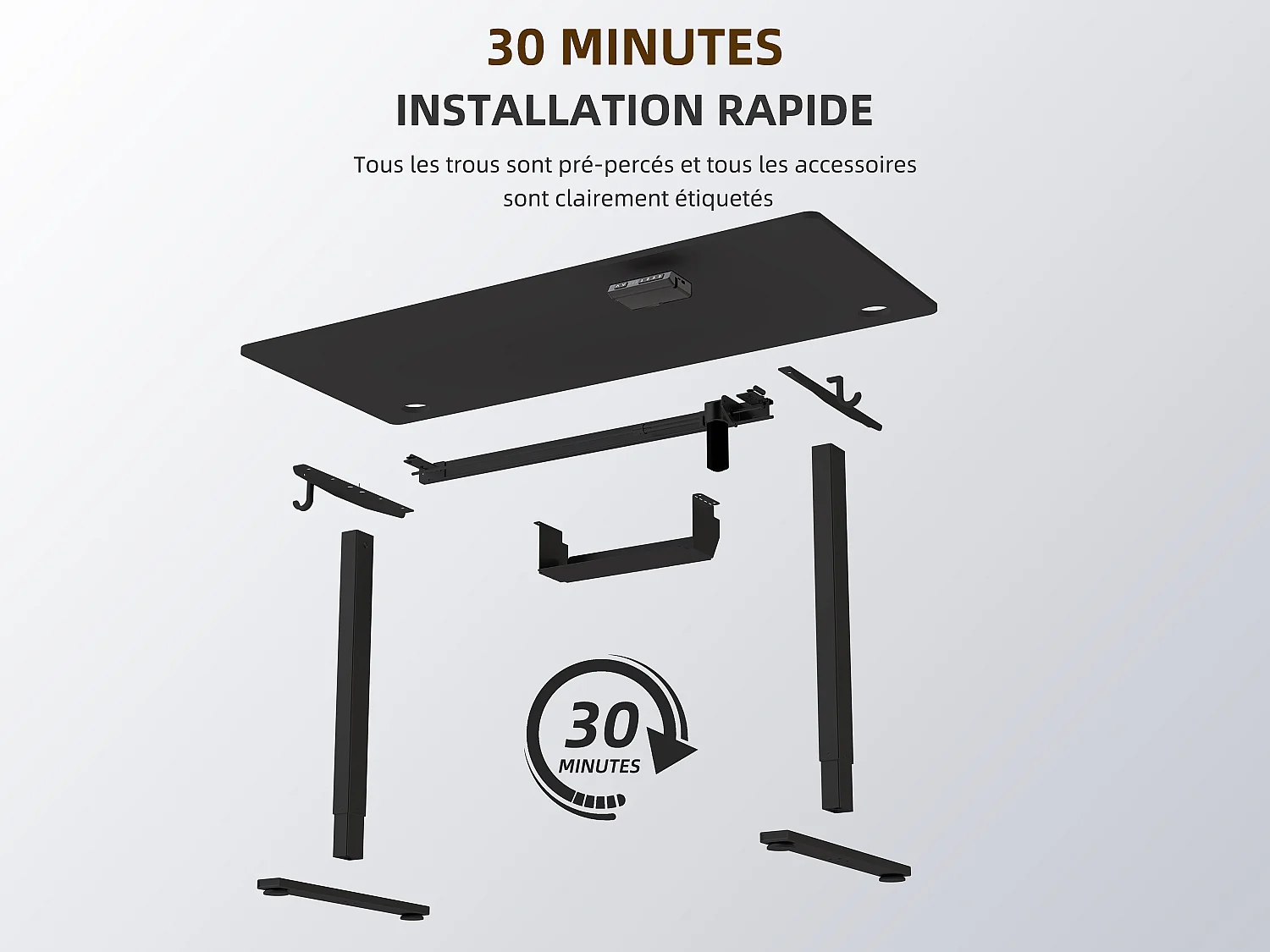 Bureau électrique assis-debout 140x70 cm – Hauteur réglable – Mémoire & anti-collision – Ports USB-A & Type-C – Coloris noir