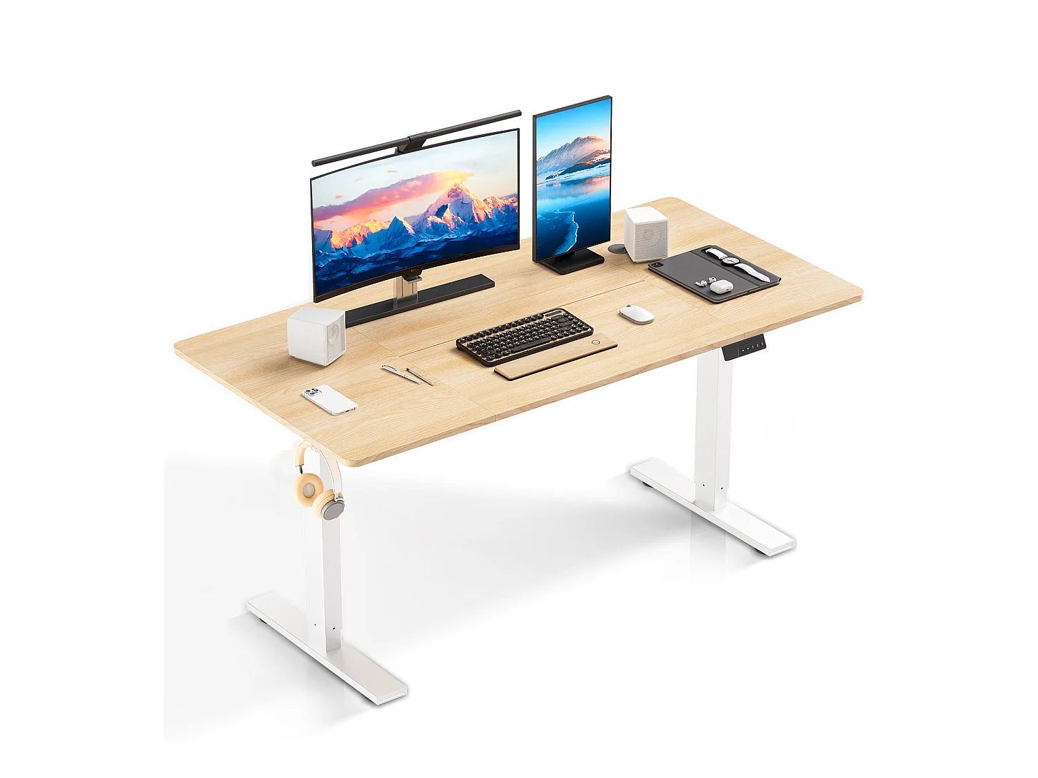 Bureau HOMAVO électrique réglable 140x60 cm – Fonction mémoire & anti-collision – Idéal télétravail – Finition bois naturel