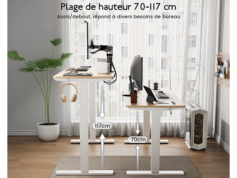 Bureau HOMAVO électrique réglable 140x60 cm – Fonction mémoire & anti-collision – Idéal télétravail – Finition bois naturel