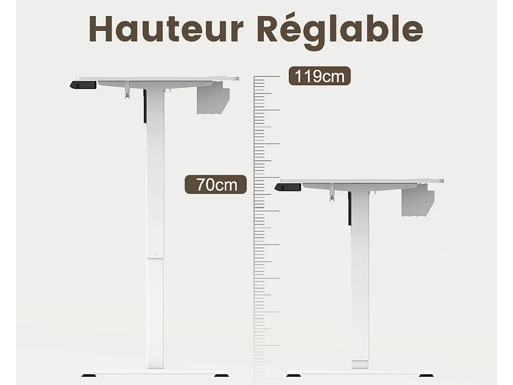 Bureau électrique assis-debout 120x60 cm – Hauteur réglable – Mémoire & anti-collision – Ports USB-A & Type-C – Coloris blanc