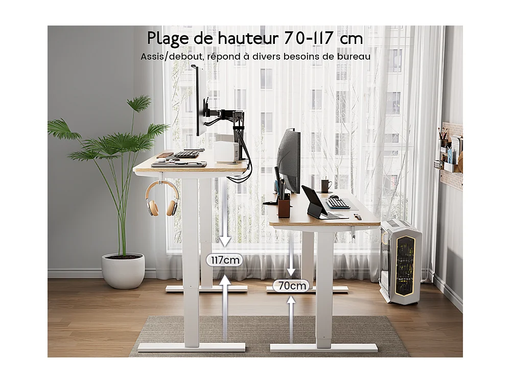 Bureau HOMAVO électrique réglable 110x60 cm – Fonction mémoire & anti-collision – Idéal télétravail – Finition bois naturel