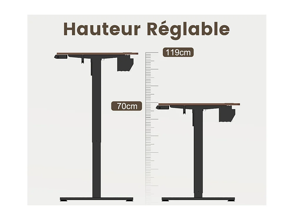 Bureau électrique assis-debout 120x60 cm – Hauteur réglable – Mémoire & anti-collision – Ports USB-A & Type-C – Finition bois noyer