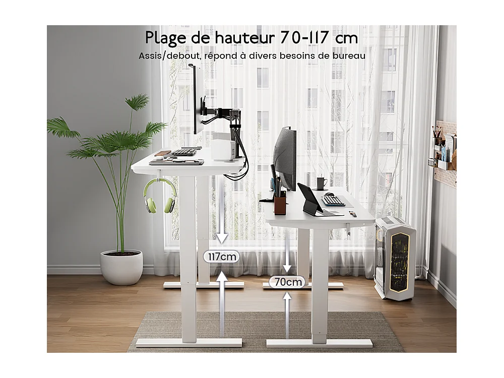 Bureau HOMAVO électrique réglable 160x80 cm – Fonction mémoire & anti-collision – Idéal télétravail – Coloris blanc