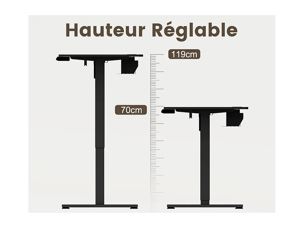Bureau électrique assis-debout 120x60 cm – Hauteur réglable – Mémoire & anti-collision – Ports USB-A & Type-C – Coloris noir