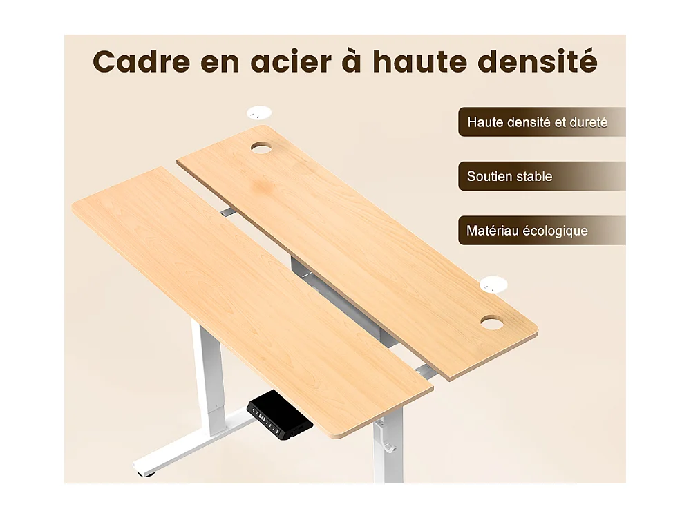 Bureau électrique assis-debout 120x60 cm – Hauteur réglable – Mémoire & anti-collision – Ports USB-A & Type-C – Coloris bois naturel