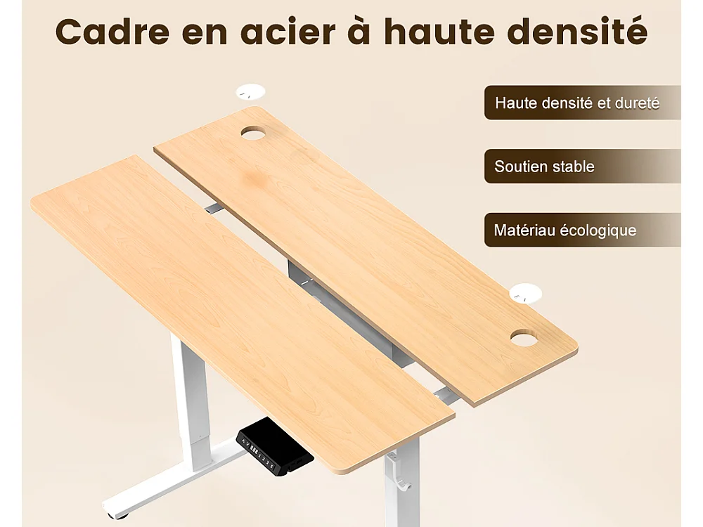 Bureau électrique assis-debout 120x60 cm – Hauteur réglable – Mémoire & anti-collision – Ports USB-A & Type-C – Coloris bois naturel