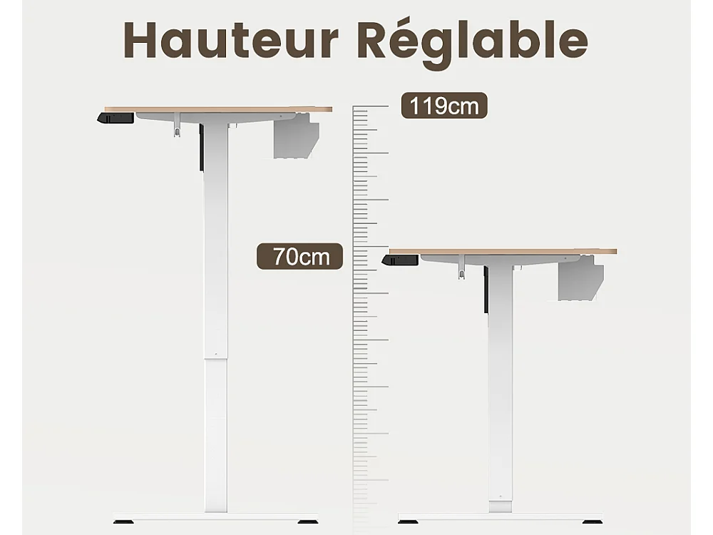 Bureau électrique assis-debout 120x60 cm – Hauteur réglable – Mémoire & anti-collision – Ports USB-A & Type-C – Coloris bois naturel