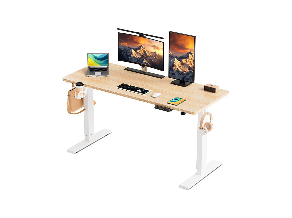 Bureau électrique assis-debout 140x70 cm – Hauteur réglable – Mémoire & anti-collision – Ports USB-A & Type-C – Coloris bois naturel