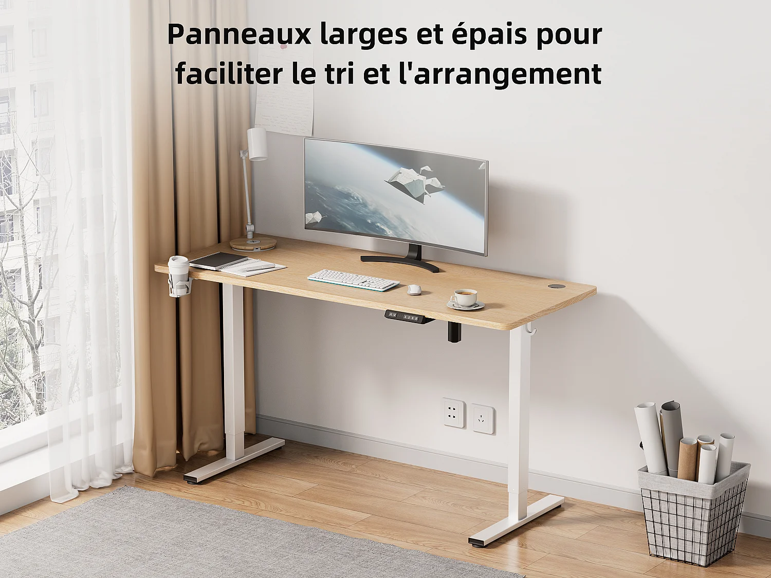 Bureau électrique assis-debout 140x70 cm – Hauteur réglable – Mémoire & anti-collision – Ports USB-A & Type-C – Coloris bois naturel