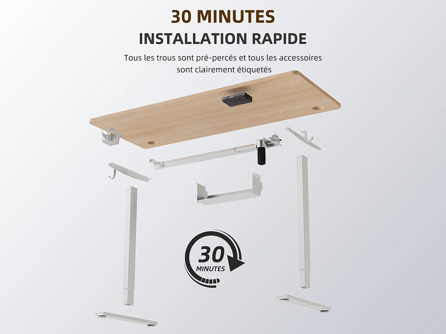 Bureau électrique assis-debout 140x70 cm – Hauteur réglable – Mémoire & anti-collision – Ports USB-A & Type-C – Coloris bois naturel
