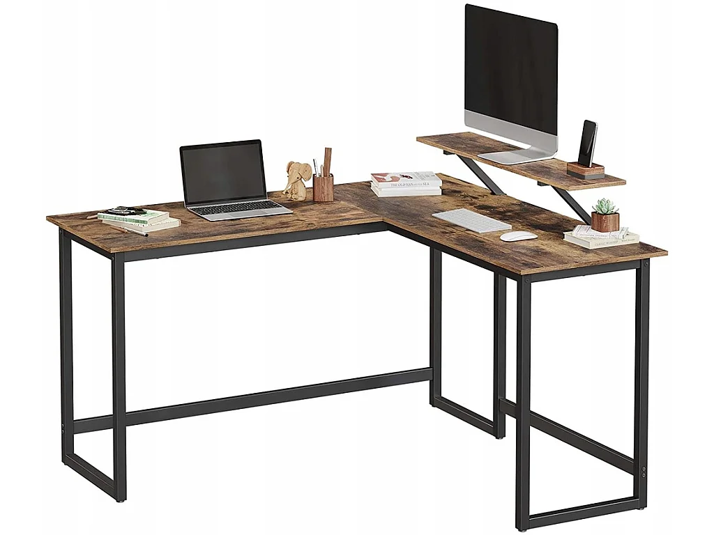 Computerbureau met monitorstandaard, spaanplaat, rustiek bruin, zwart, 130x140x76/91,5 cm