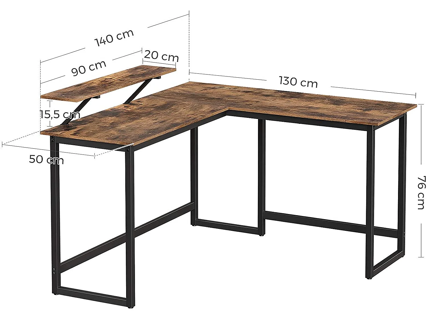 Computerbureau met monitorstandaard, spaanplaat, rustiek bruin, zwart, 130x140x76/91,5 cm
