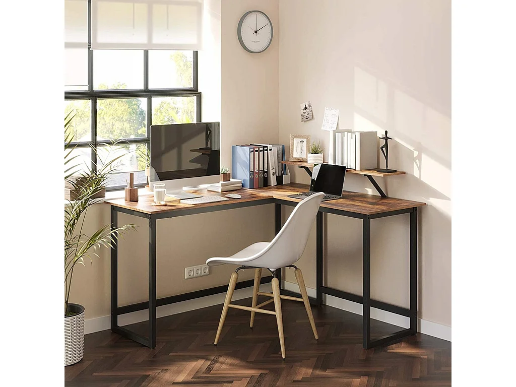 Computerbureau met monitorstandaard, spaanplaat, rustiek bruin, zwart, 130x140x76/91,5 cm