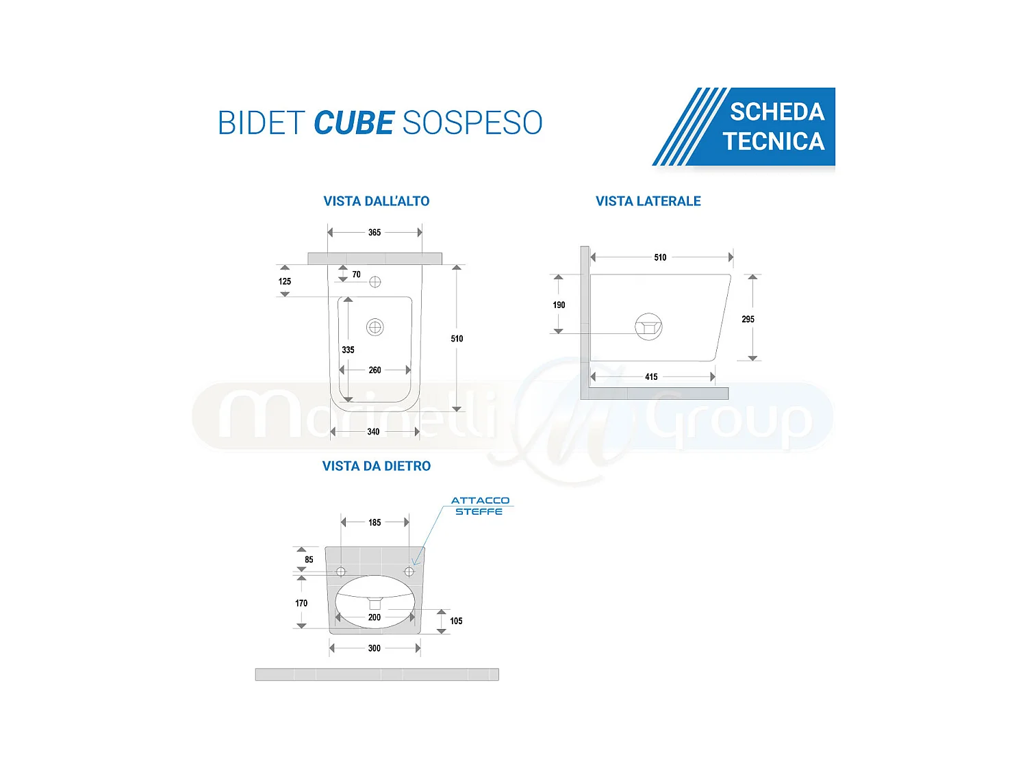 Sanitari bagno Bidet e Vaso WC SOSPESI filomuro RIMLESS in ceramica con sedile coprivaso softclose CUBE