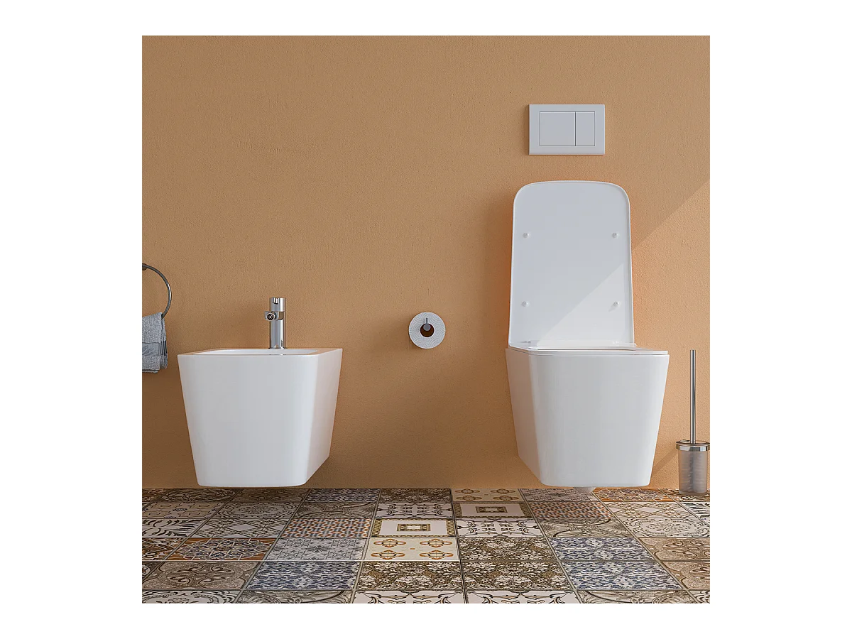 Sanitari bagno Bidet e Vaso WC SOSPESI filomuro RIMLESS in ceramica con sedile coprivaso softclose CUBE