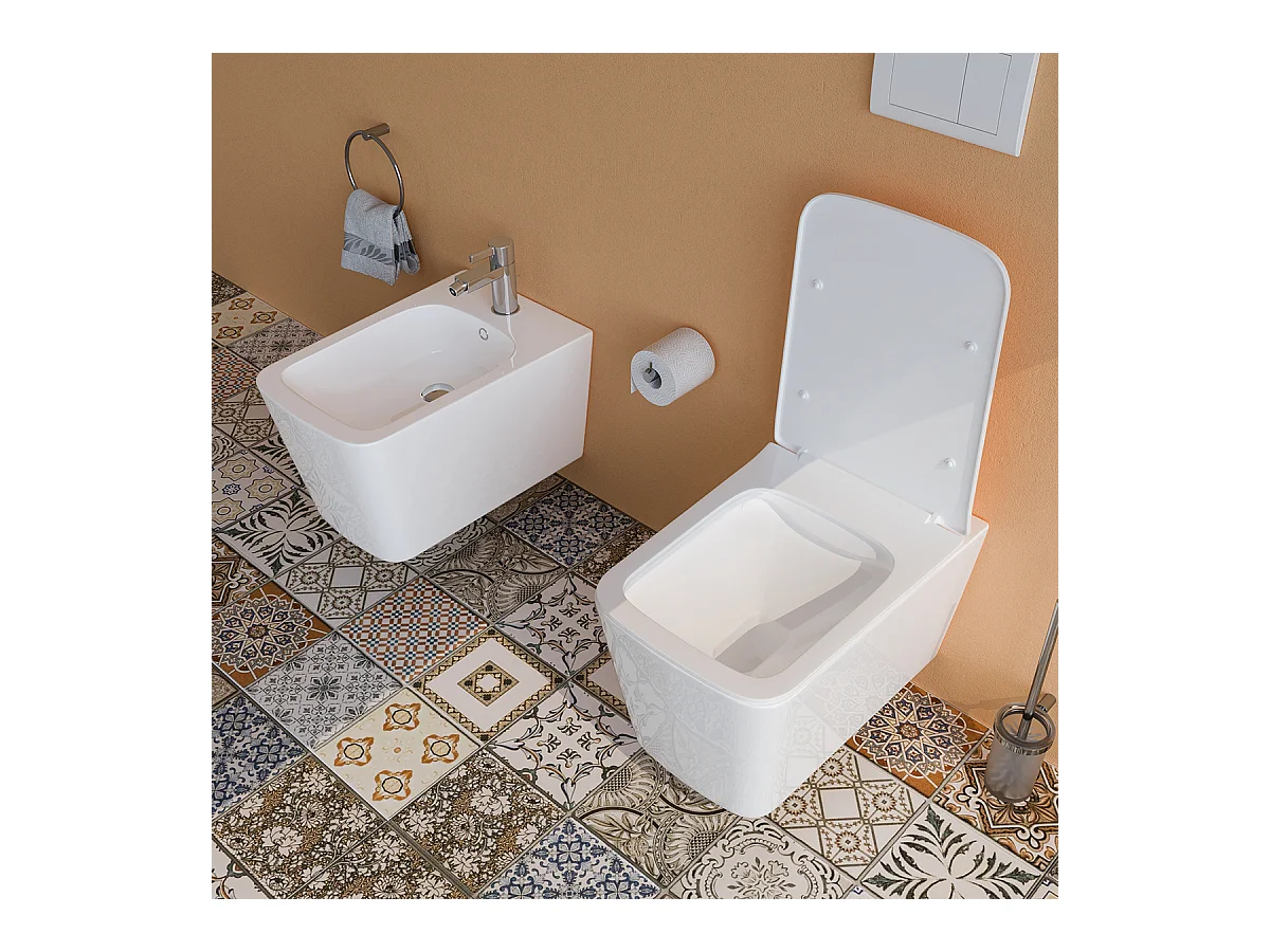 Sanitari bagno Bidet e Vaso WC SOSPESI filomuro RIMLESS in ceramica con sedile coprivaso softclose CUBE