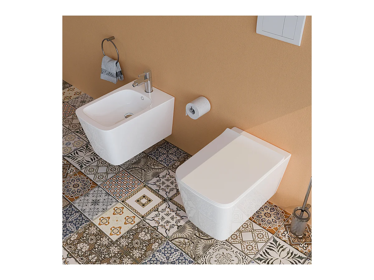 Sanitari bagno Bidet e Vaso WC SOSPESI filomuro RIMLESS in ceramica con sedile coprivaso softclose CUBE
