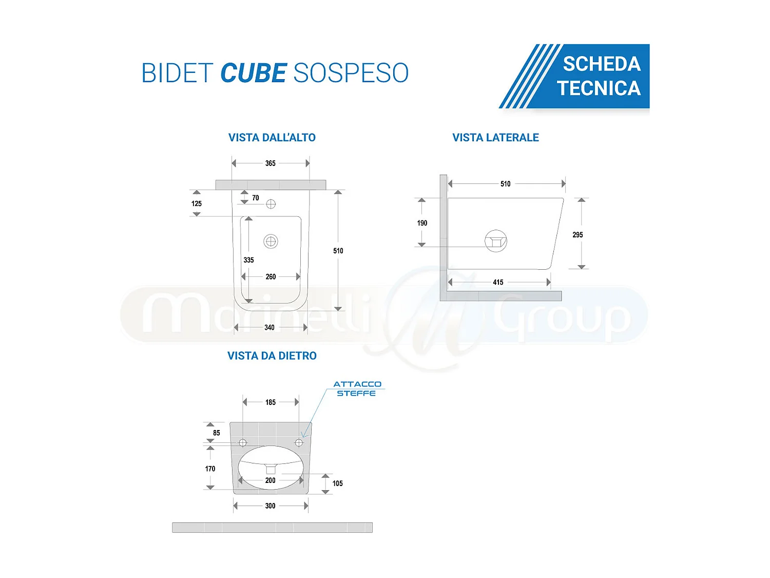 Sanitari bagno Bidet e Vaso WC SOSPESI filomuro RIMLESS in ceramica con sedile coprivaso softclose CUBE