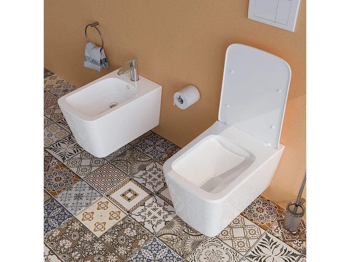 Sanitari bagno Bidet e Vaso WC SOSPESI filomuro RIMLESS in ceramica con sedile coprivaso softclose CUBE