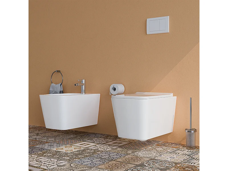 Sanitari bagno Bidet e Vaso WC SOSPESI filomuro RIMLESS in ceramica con sedile coprivaso softclose CUBE