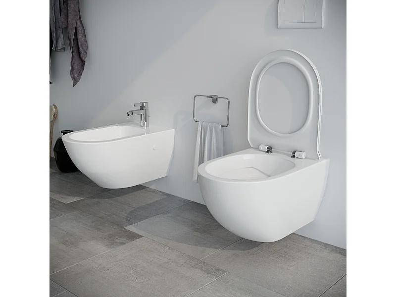 Sanitari bagno Bidet e Vaso WC sospesi  RIMLESS in ceramica con sedile coprivaso softclose Fast