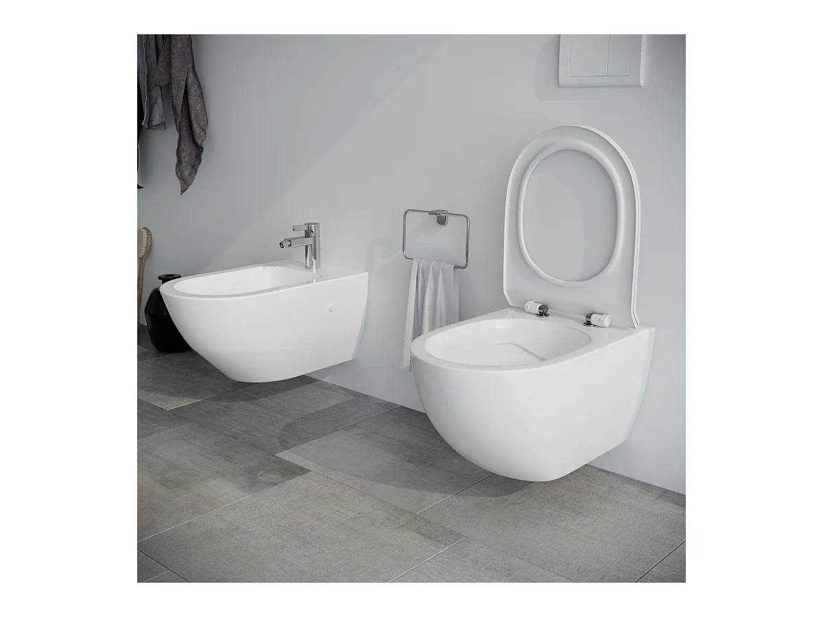Sanitari bagno Bidet e Vaso WC sospesi  RIMLESS in ceramica con sedile coprivaso softclose Fast