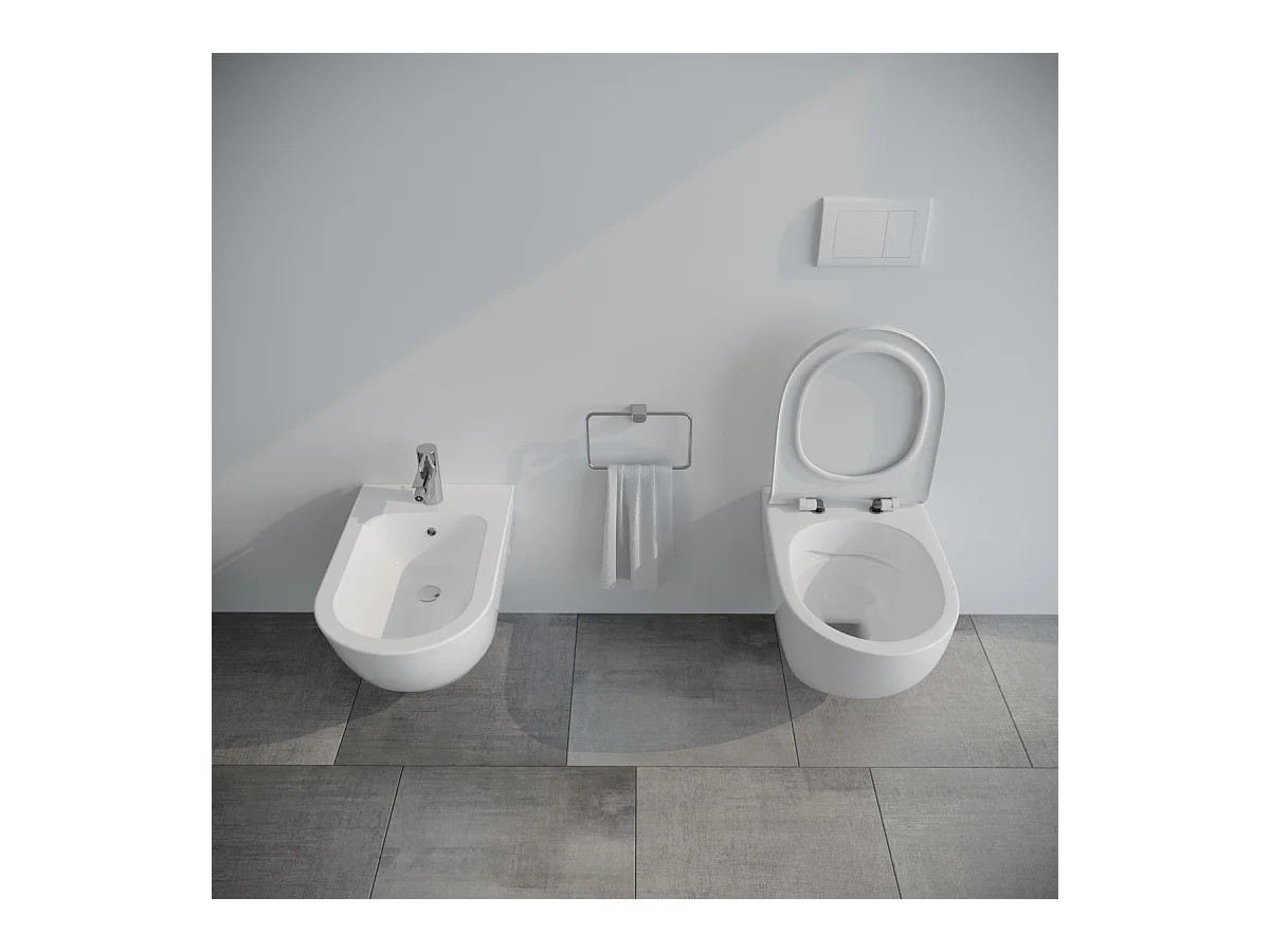 Sanitari bagno Bidet e Vaso WC sospesi  RIMLESS in ceramica con sedile coprivaso softclose Fast