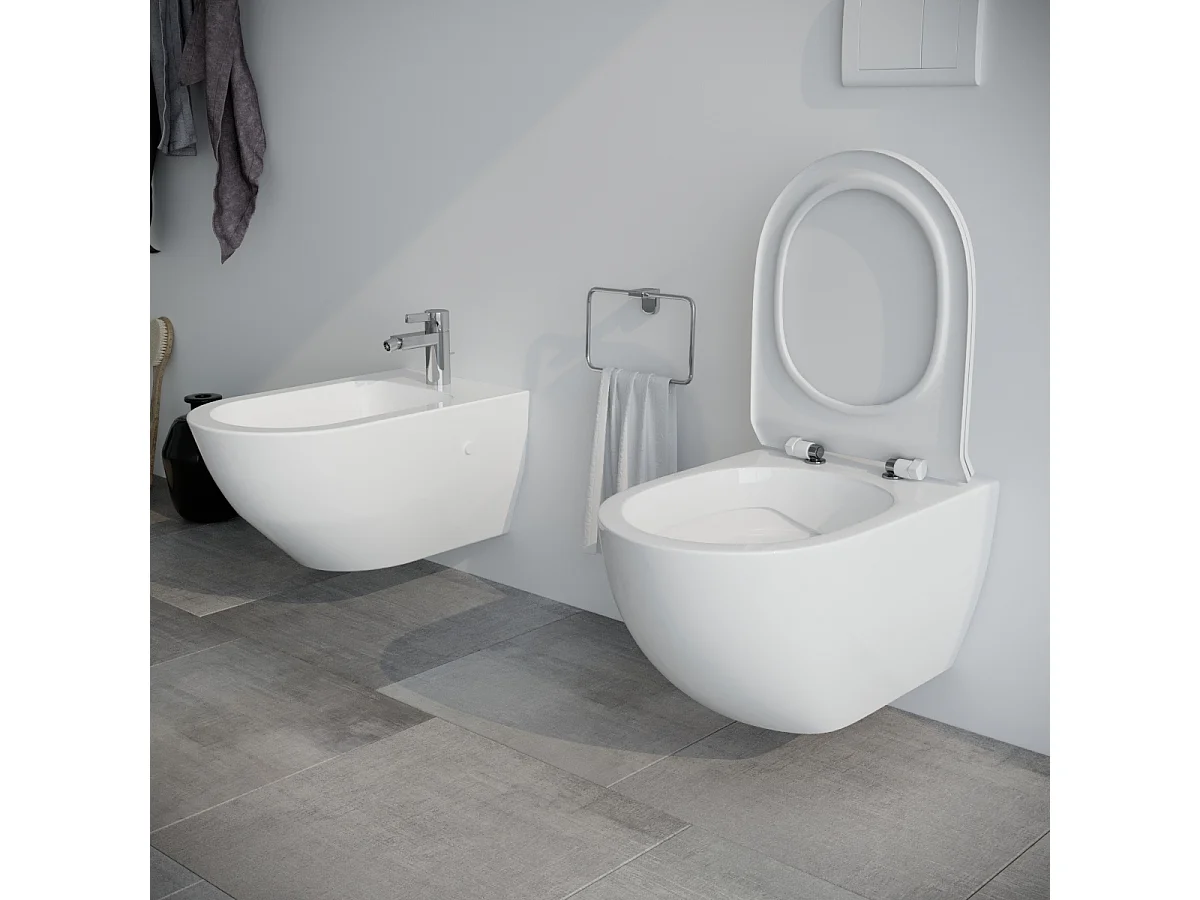 Sanitari bagno Bidet e Vaso WC sospesi  RIMLESS in ceramica con sedile coprivaso softclose Fast