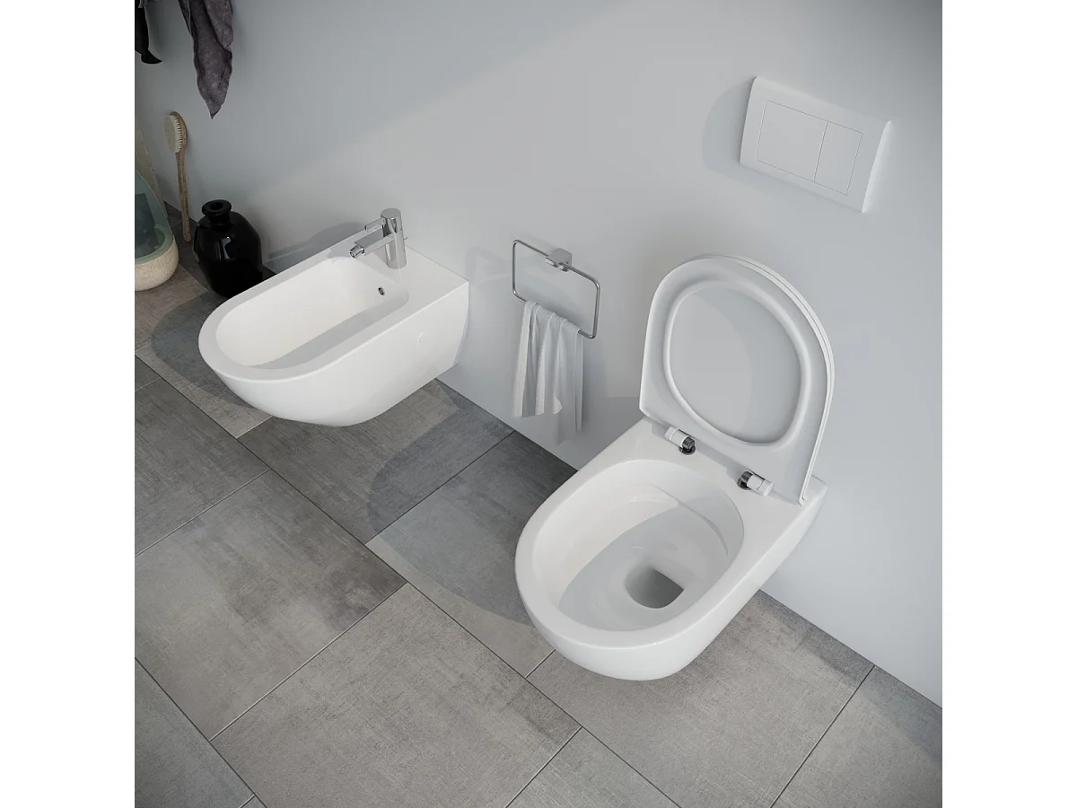 Sanitari bagno Bidet e Vaso WC sospesi  RIMLESS in ceramica con sedile coprivaso softclose Fast