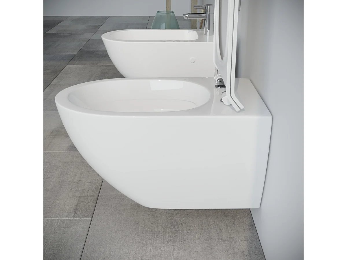 Sanitari bagno Bidet e Vaso WC sospesi  RIMLESS in ceramica con sedile coprivaso softclose Fast