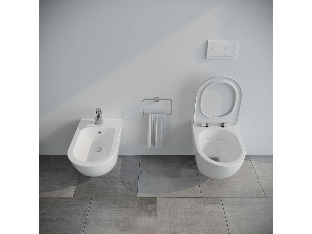 Sanitari bagno Bidet e Vaso WC sospesi  RIMLESS in ceramica con sedile coprivaso softclose Fast