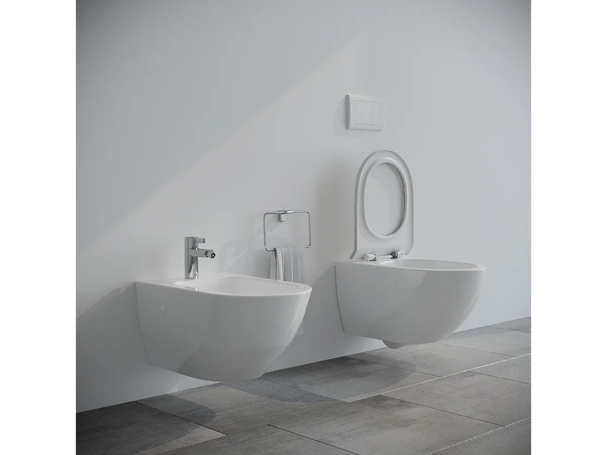 Sanitari bagno Bidet e Vaso WC sospesi  RIMLESS in ceramica con sedile coprivaso softclose Fast